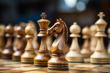 shot of close up of chess pieces on a classic wooden board