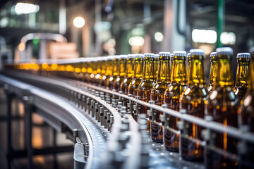 Shot of conveyer belt with empty beer bottles in a plant 