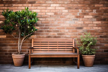 Shot of inviting wooden bench rested against a brick garden wall  - Powered by Adobe