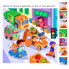 Obraz na płótnie Canvas Cute cars and drivers in city. Find hidden fragments. Educational puzzle game for kids. Cartoon funny characters. People and transport, traffic jam in town. Vector illustration for children. 