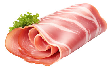 Thin rolled slice of ham isolated.