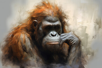 the beautiful african orangutan, in the style of melancholic symbolism, foreshortening techniques