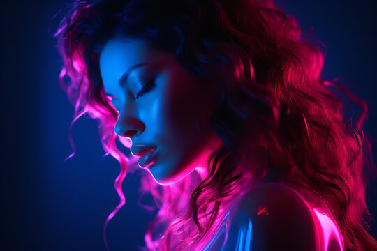 the portrait of a girl in neon lighting, in the style of dark pink and light azure, intense color palette