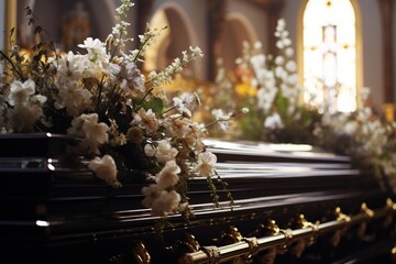 closeup shot of a casket in a hearse or chapel before funeral or burial at cemetery - obrazy, fototapety, plakaty