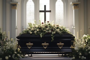 closeup shot of a casket in a hearse or chapel before funeral or burial at cemetery - obrazy, fototapety, plakaty