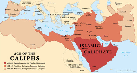 Fototapeta premium The age of the Caliphs, history map of the Islamic Caliphate from 622 to 750. The expansion under the Prophet Mohammad, with additions during the Rashidun Caliphate and the Umayyad Caliphate. Vector.
