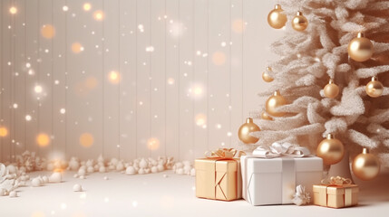 Beautiful and elegant christmas background with tree, gift box, star and christmas balls