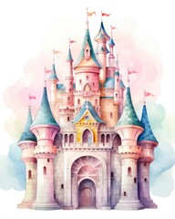 Obraz premium Colorful watercolor kawaii castle isolated on white background.