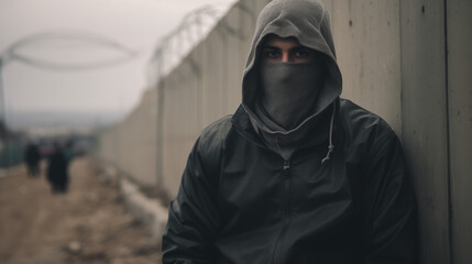 Portrait of Faceless Civilian., Israel-Palestine Conflict Behind a Dividing Wall and Security Checkpoints- Generative AI