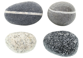 Four different sea pebble stones isolated on a transparent background.