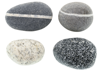 Four different sea pebble stones isolated on a transparent background.