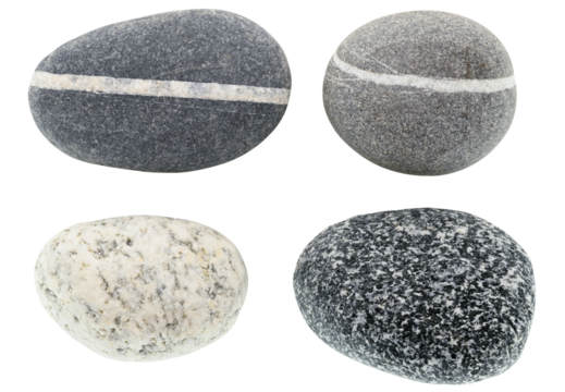 Four different sea pebble stones isolated on a transparent background.