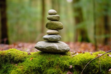 Pyramid stones balance on old mossy fallen tree.