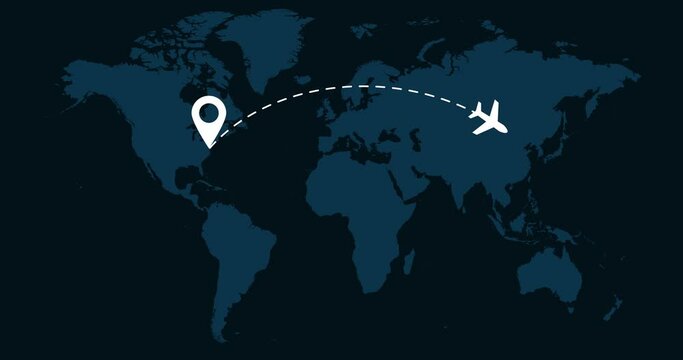 World Map Animation in 4K Video. Flying Airplane from Washington DC to Beijing