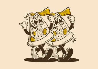 Mascot character illustration of walking pizza, holding a flag