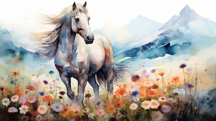 Obraz na płótnie Canvas Beautiful horse in a field of flowers