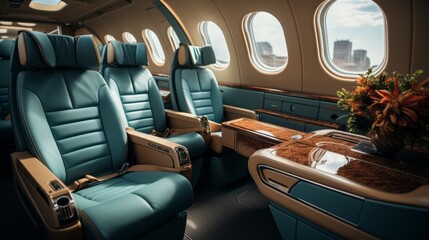 Fototapeta premium Luxurious interior of a private jet, Premium Business Class Seats for Luxury Air Travel, Posh first class airplane cabin, Exclusive First Class Airplane Seating with Personal Entertainment System