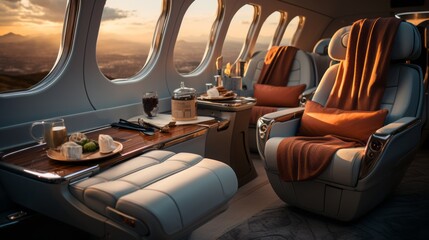 Fototapeta premium Luxurious interior of a private jet, Premium Business Class Seats for Luxury Air Travel, Posh first class airplane cabin, Exclusive First Class Airplane Seating with Personal Entertainment System