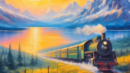 train riding into the sunset, lake and mountains, fantasy acrylic - obrazy, fototapety, plakaty