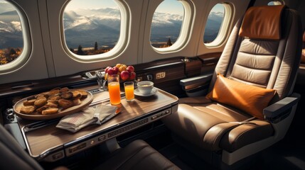 Luxurious interior of a private jet, Premium Business Class Seats for Luxury Air Travel, Posh first class airplane cabin, Exclusive First Class Airplane Seating with Personal Entertainment System