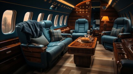 Luxurious interior of a private jet, Premium Business Class Seats for Luxury Air Travel, Posh first class airplane cabin, Exclusive First Class Airplane Seating with Personal Entertainment System