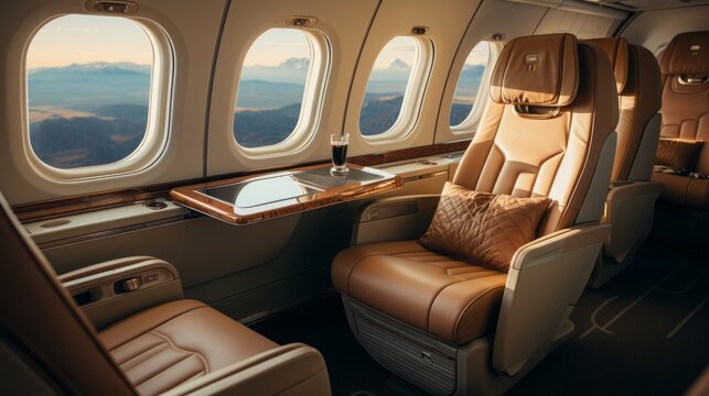 Luxurious interior of a private jet, Premium Business Class Seats for Luxury Air Travel, Posh first class airplane cabin, Exclusive First Class Airplane Seating with Personal Entertainment System