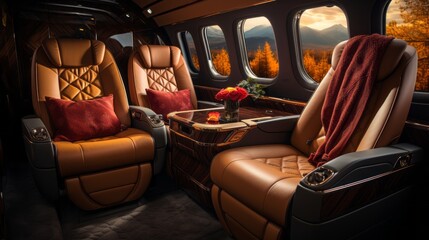 Luxurious interior of a private jet, Premium Business Class Seats for Luxury Air Travel, Posh first class airplane cabin, Exclusive First Class Airplane Seating with Personal Entertainment System