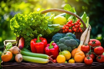 Variety of fresh organic vegetables and fruits in the garden.