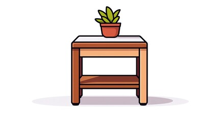 illustration of wooden side table with a pot of plant isolated on white background