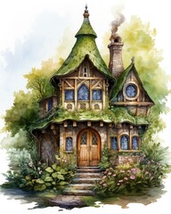 Watercolor mossy cottage isolated on white background.
