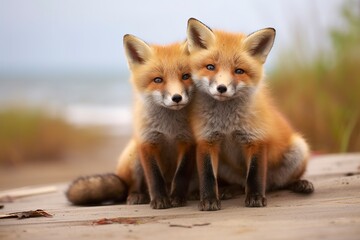 Wild baby red foxes cuddling at the beach. - obrazy, fototapety, plakaty