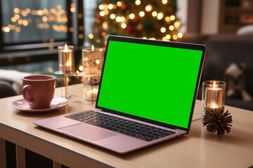 Naklejka na ściany i meble Laptop with green screen on wooden table against Christmas tree with festive bokeh . Mockup, chroma key, gadget screen. Copy space.Holiday Christmas background mockup
