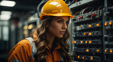 Female commercial electrician at work on a fuse box, adorned in safety gear, demonstrating professionalism 