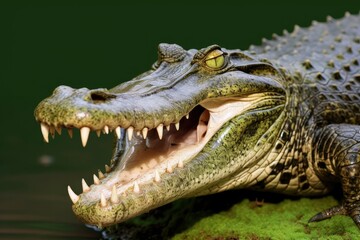 Obraz premium Crocodile with its mouth wide open with a green lake in the green background.