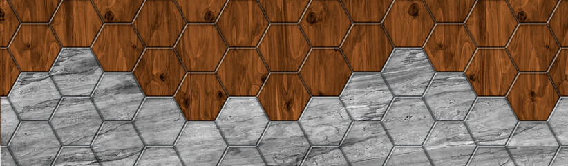 Grey stone and dark wood hexagonal tiles flow