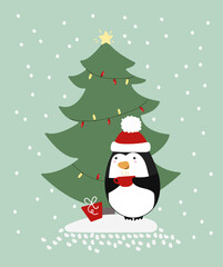 Fototapeta na wymiar christmas card with penguin. cate cartoon vector illustration of penguin near christmas tree. new year animal illustration. winter penguin character for children