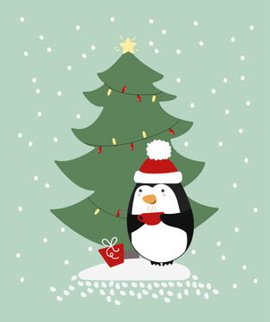 christmas card with penguin. cate cartoon vector illustration of penguin near christmas tree. new year animal illustration. winter penguin character for children