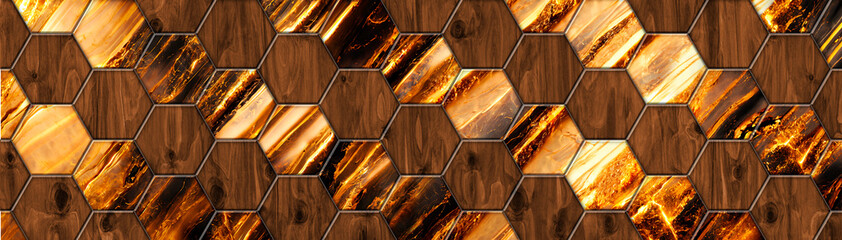 Dark wood and flowing lava hexagonal tiles diagonal split