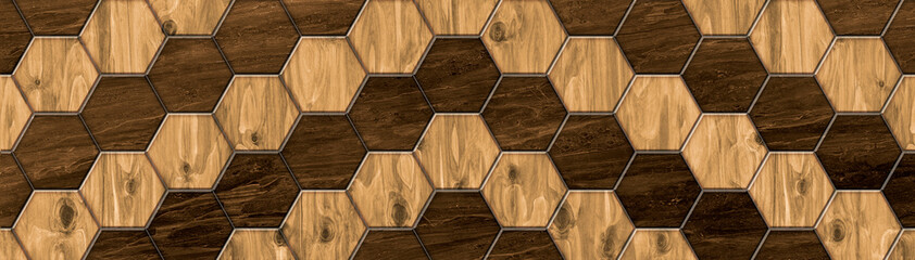 Brown stone and light wood hexagonal tiles herringbone pattern