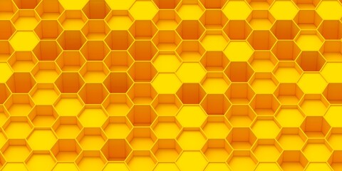 Volumetric hexagons at different levels. Background and backdrop in the form of a honeycomb.