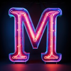 Alphabet capital letter M text. Futuristic neon glowing symbol, logo on dark grunge background.
