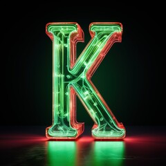 Alphabet capital letter K text. Futuristic neon glowing symbol, logo on dark grunge background.