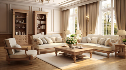 Beige room with wooden furniture