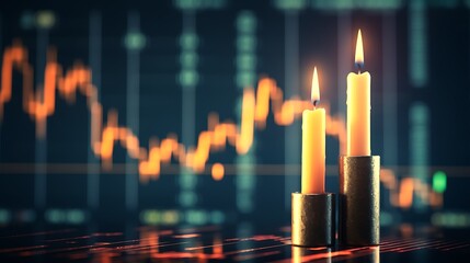 Illuminating candles set against a financial chart's blurred background, symbolizing the ups and downs of the market. - obrazy, fototapety, plakaty