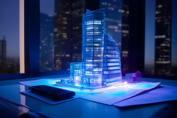 Futuristic real estate concept: 3D skyscraper model on table, mortgage signing, business demonstration. Generative AI.