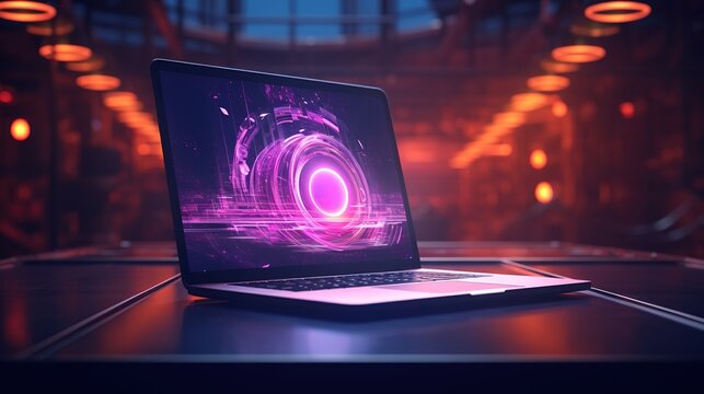  a concept image of a laptop computer with glowing colors as background 