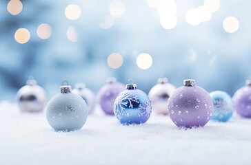Christmas decorations ball on snow background.