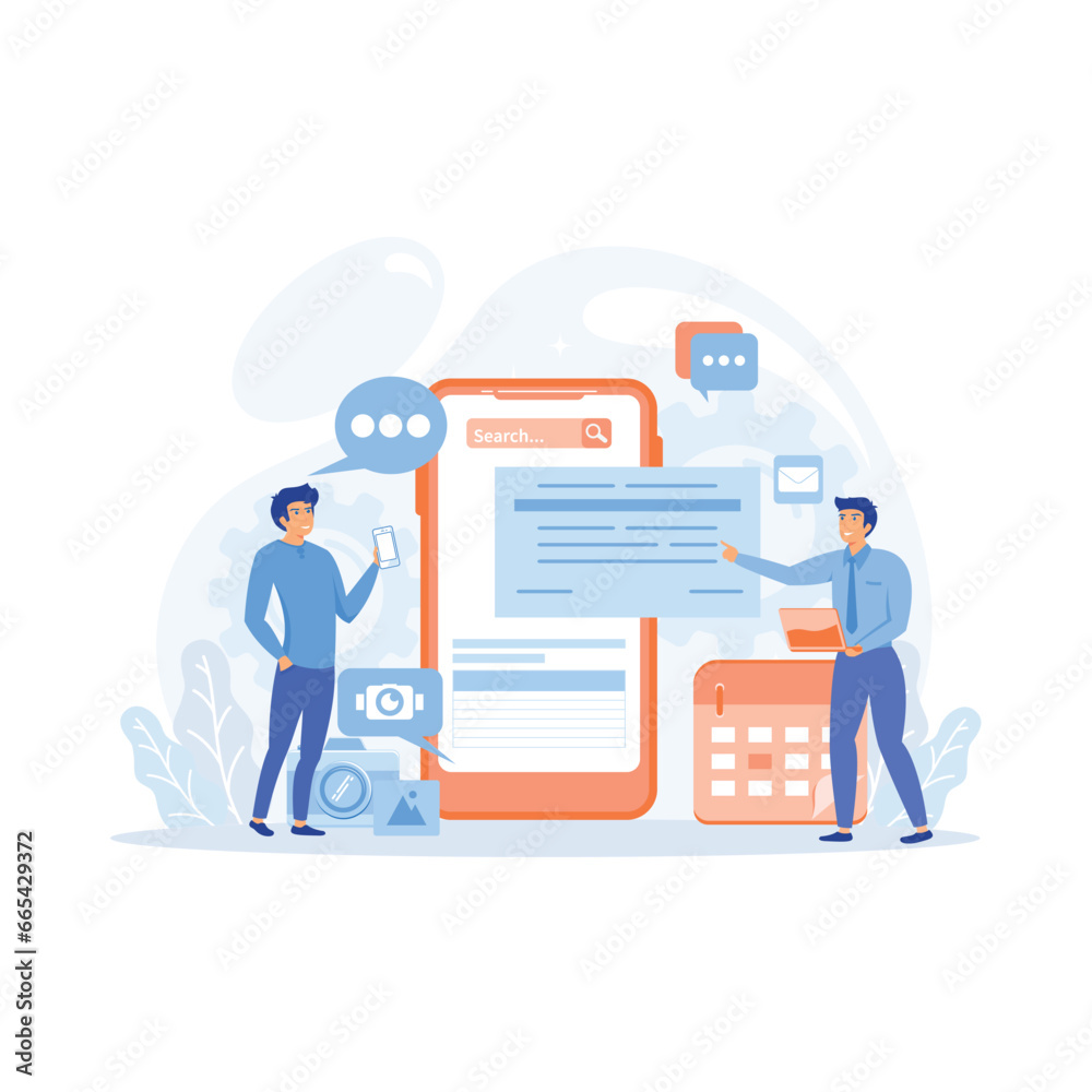 Poster digital mobile application development and design process concept with business team working concept