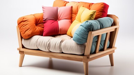 wooden loveseat sofa with colorful cushions isolated on white