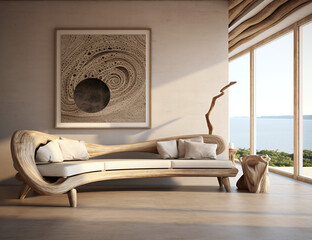 3d rendering modern living room contemporary interior design 3d rendering, in the style of rustic simplicity, martin puryear, coastal scenes, naturalist aesthetic, subtle tonalities, wood, dogon art  - obrazy, fototapety, plakaty